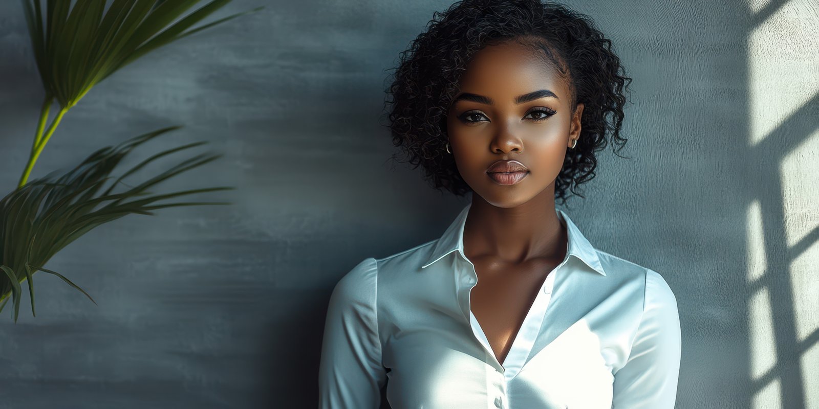 Young woman with curly hair in a white shirt poses against a textured wall in natural light
